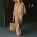 Summer Women's Mid Sleeve Round Neck Top Print Striped Color Block Casual Straight Suit_ecoleips.com