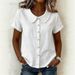 Women's Solid Color Peter Pan Collar Shirt Casual Loose Fit Cotton Linen Blend Short Sleeve Top For Summer_ecoleips.com