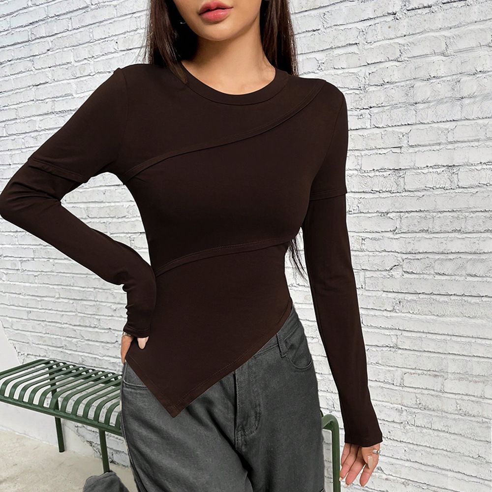 Voya Women's Slim Fit Long Sleeved T-shirt, Asymmetrical Round Neck Solid Color Knitted Sweater Top_ecoleips.com