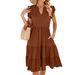 Women's Clothing Solid Color V Neck Loose Short Sleeved Waist Stitching Dress_ecoleips.com