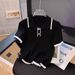 Women's Polo Collar Color Blocked Knit Short Sleeve T-Shirt Petite Thin Ice Silk Off Shoulder Top Summer_ecoleips.com