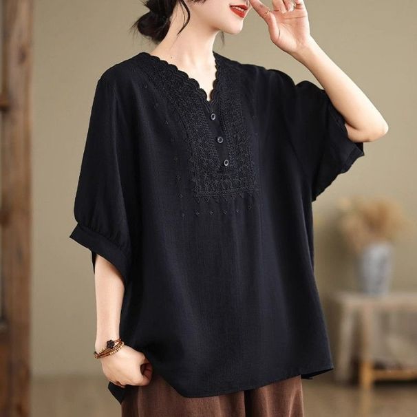 Women's Clothing Plus Size Retro Cotton Linen T-Shirt For Women Loose Fit Three Quarter Sleeve Top Style For Mothers High End_ecoleips.com