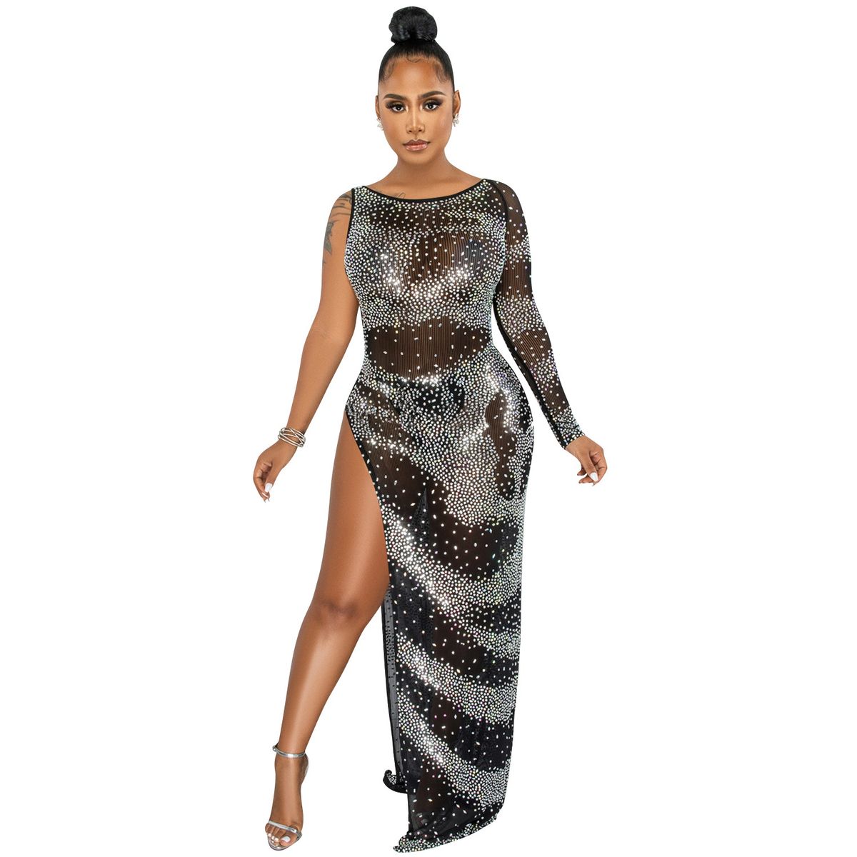 Voya Women's Fashion Sexy Nightclub Rhinestone Single Sleeve Irregular Slit Long Dress_ecoleips.com