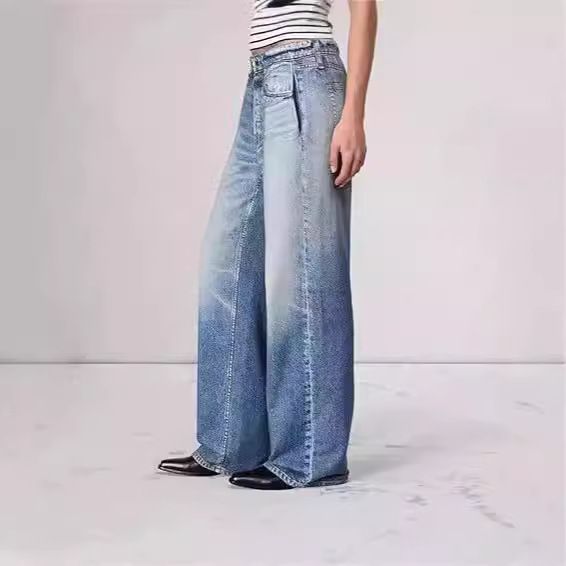Cross-Border Foreign Trade Retro Mid-Waist Women's Jeans Floor-Length Washed Loose Wide-Leg Plus Size Straight_ecoleips.com