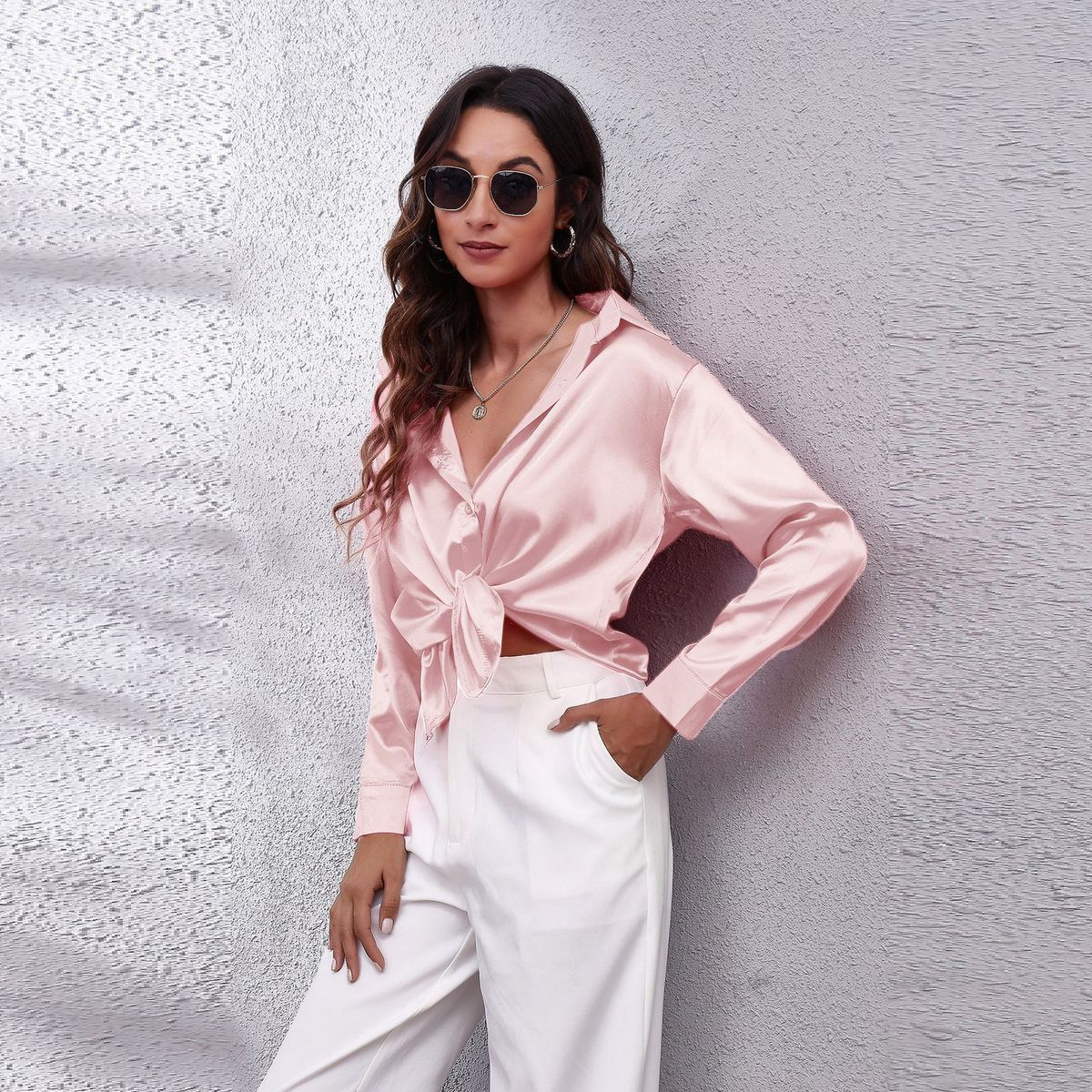 Satin Shirt For Women Long Sleeve Blouse Elegant Office Wear Soft Draping Fabric Stylish Button Down Top_ecoleips.com