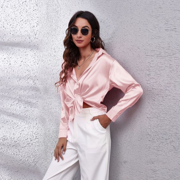 Satin Shirt For Women Long Sleeve Blouse Elegant Office Wear Soft Draping Fabric Stylish Button Down Top_ecoleips.com
