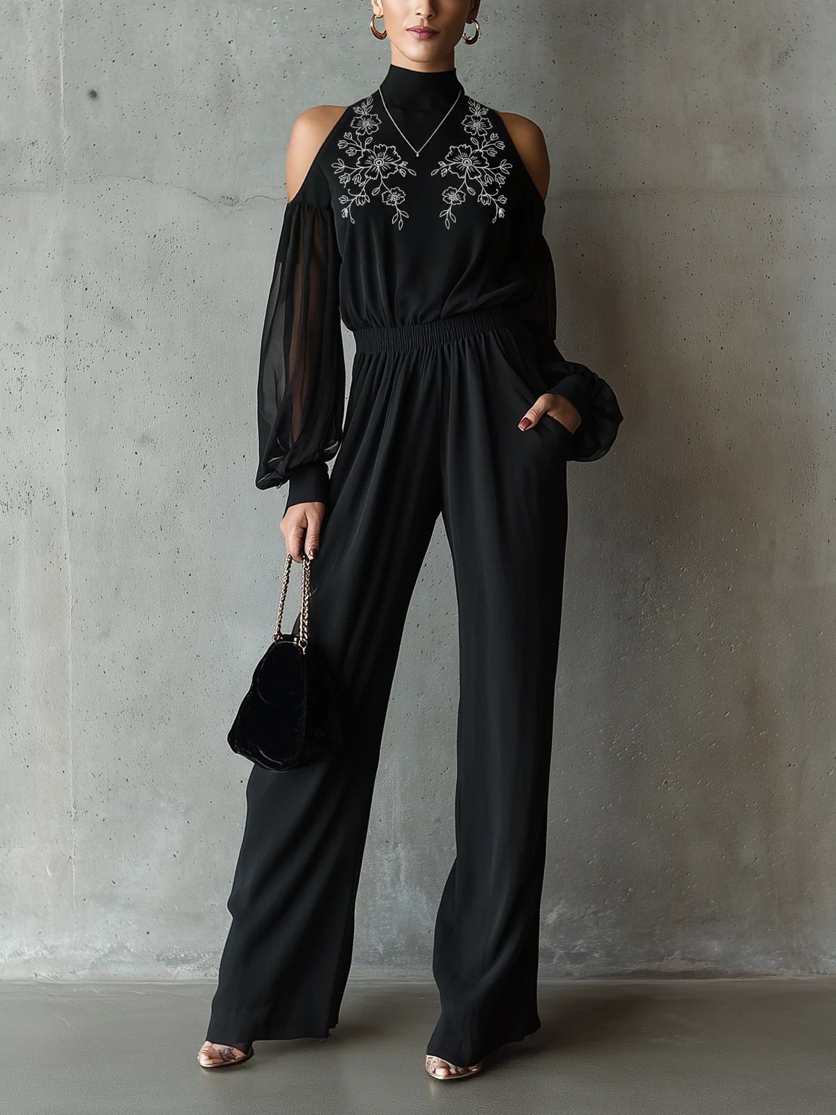 Women's Black Embroidered Jumpsuit European American Style Long Sleeve Wide Leg Elegant Sophisticated Cool Shoulder Romper_ecoleips.com