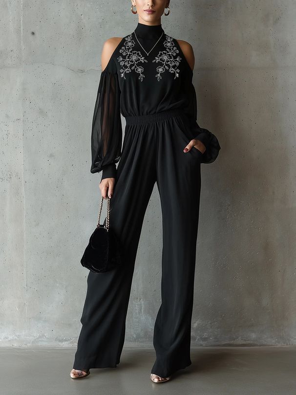 Women's Black Embroidered Jumpsuit European American Style Long Sleeve Wide Leg Elegant Sophisticated Cool Shoulder Romper_ecoleips.com