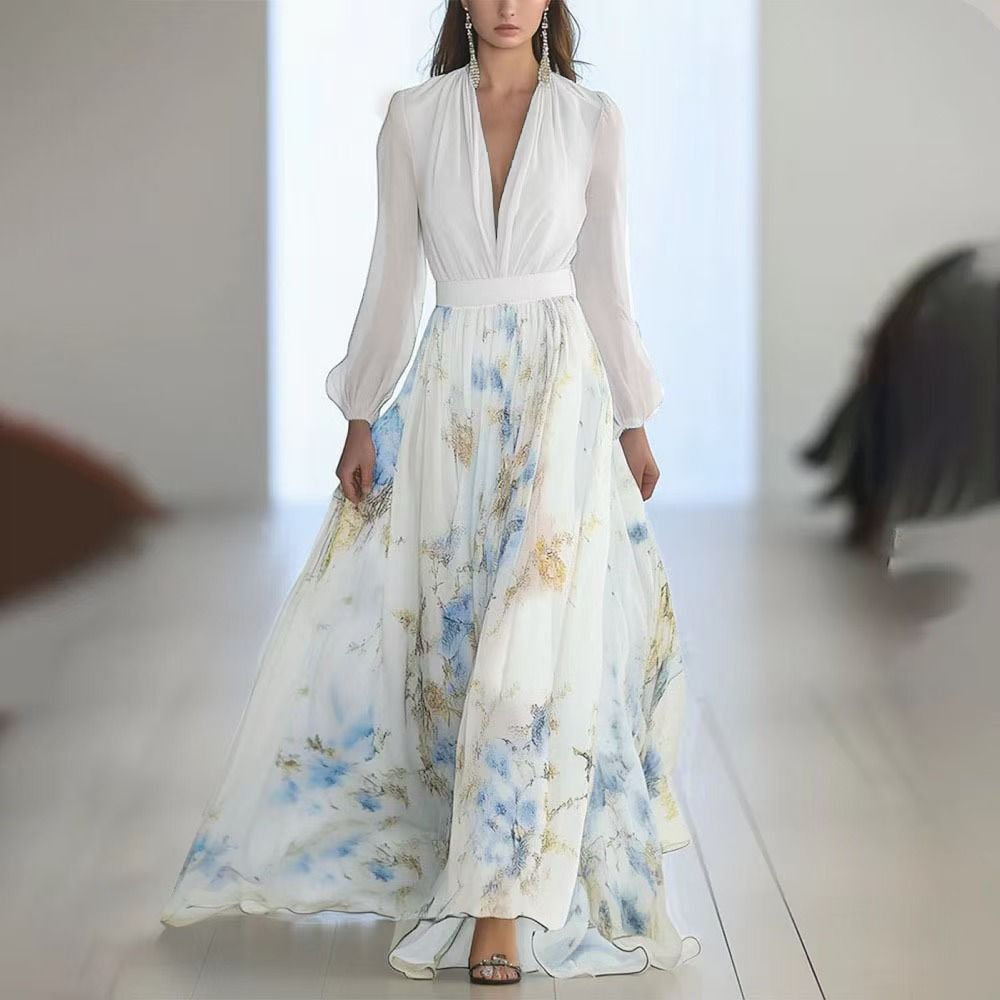 Digital Printing, Long-sleeved V-neck, Spliced Dress, Dress_ecoleips.com