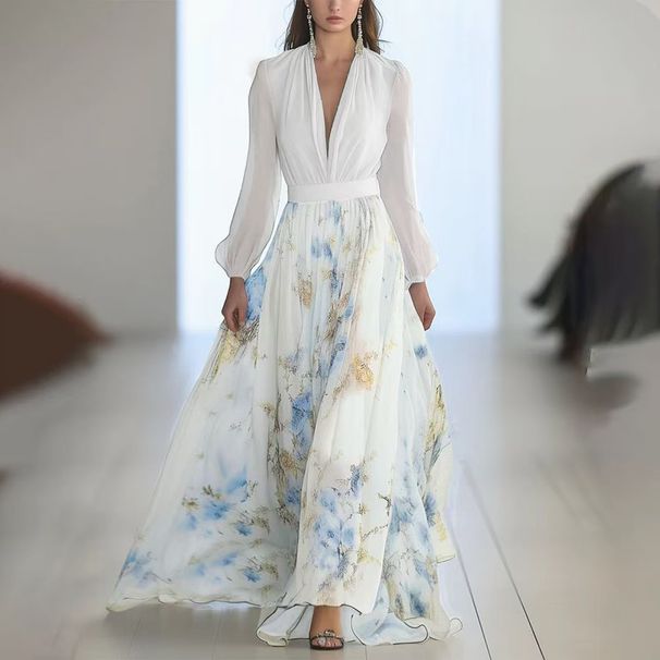 Digital Printing, Long-sleeved V-neck, Spliced Dress, Dress_ecoleips.com