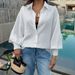 Elegant Oversized Casual Shirt for Women Wrinkle-Free Polyester Long Sleeve White Loose Fit Polo Collar Blouse Office Wear_ecoleips.com