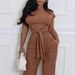 Women's Clothing Round Neck Ribbed Lace Up Suit_ecoleips.com