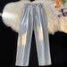 Light-colored Straight-leg Jeans For Petite Women, Spring And Autumn Thin Style, Elastic Waist, Wide-leg, Lace-up, Loose_ecoleips.com