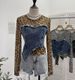 Women's Clothing Real Shot Fashion Leopard Print Perspective Hot Girl Mesh Splicing Denim Irregular Bottoming Shirt Short Top_ecoleips.com
