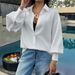 Elegant Oversized Casual Shirt for Women Wrinkle-Free Polyester Long Sleeve White Loose Fit Polo Collar Blouse Office Wear_ecoleips.com