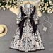 Women's Lantern Sleeve Lapel Single Breasted Printed Dress Waist Sweeping Palace Style Long Skirt Spring Autumn New Trendy_ecoleips.com