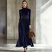 Women's Autumn/Winter Gold Velvet Long-Sleeve Dresses, Waist-Cinching, Slimming, Elegant Long Skirts With Wide Hems, Ele_ecoleips.com