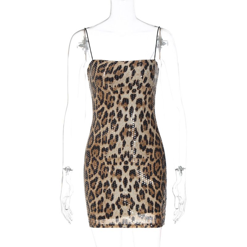 European And American Sexy Hot-Selling New Fashion Leopard Print Street Style Nightclub Versatile Strap Sequin Dress_ecoleips.com