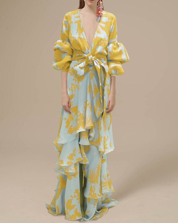 Four Colors In Stock European And American Fashion Printed Vacation Chiffon Deep V Neck Irregular Bohemian Long Dress_ecoleips.com