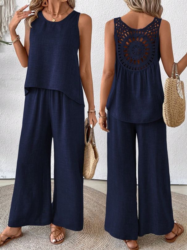 Women's Cotton Linen Two-Piece Set Casual Wide Leg Pants And Hollowed out Back Vest Cross Border European American Style_ecoleips.com