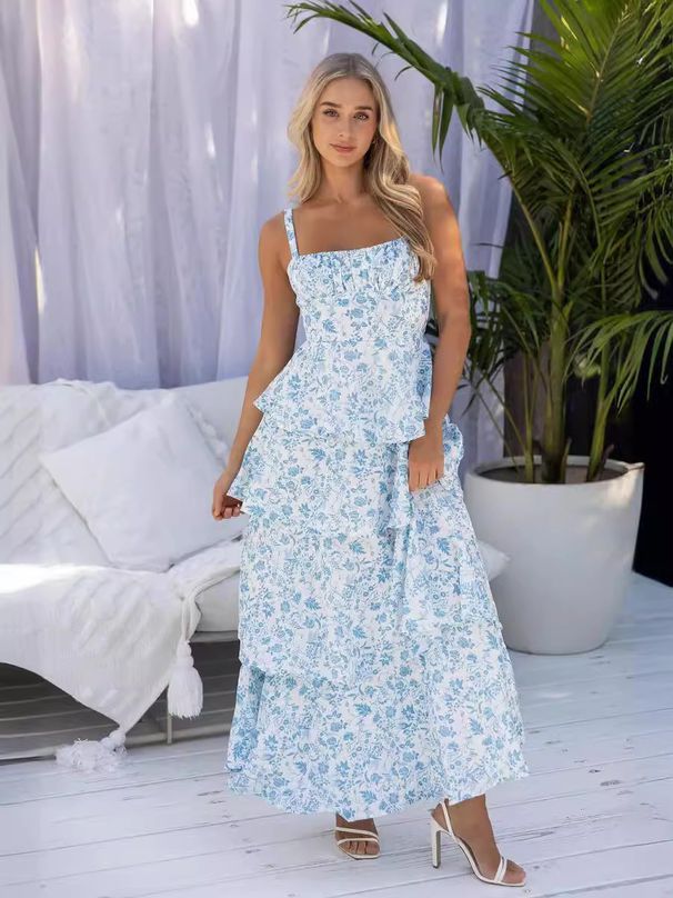 Cross-Border Independent Station New Spring Summer Floral Dress Vacation Party Backless Sexy Sweet Gown For Women_ecoleips.com