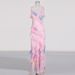 Women's Clothing sexy colored suspender skirt autumn V neck sleeveless printed ruffle dress_ecoleips.com