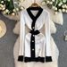 Petite V-Neck Color-Block Knit Dress – Double-Breasted Waist-Defining Midi Dress For Autumn | Elegant Office & Date Night Pullover_ecoleips.com