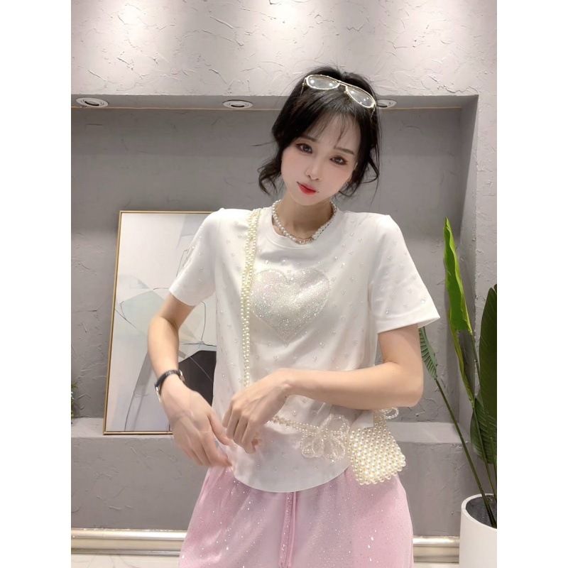 Women's Clothing Ballet Bear Heavy Industry Beading Summer Small High Quality Beading Hot Diamond Love Fashion Short Sleeve T Shirt_ecoleips.com