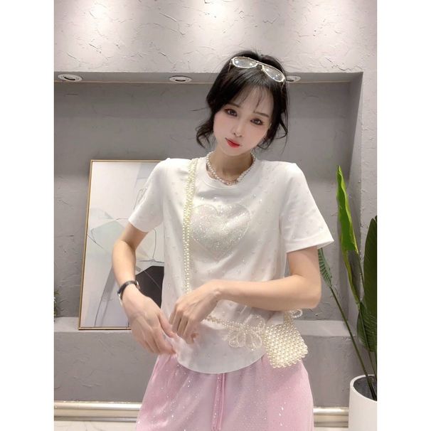 Women's Clothing Ballet Bear Heavy Industry Beading Summer Small High Quality Beading Hot Diamond Love Fashion Short Sleeve T Shirt_ecoleips.com