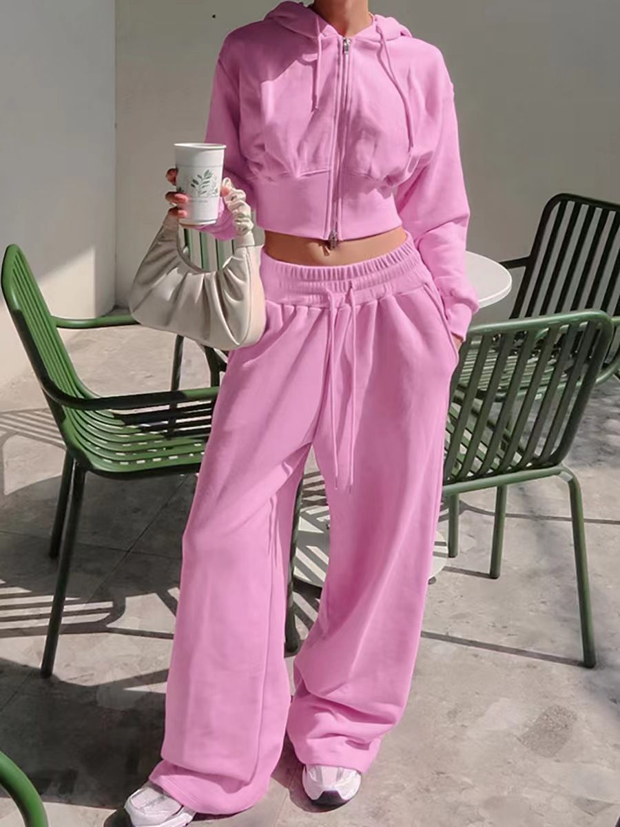 Fleece-Lined Hooded Zip-Up Tracksuit Set – Cropped Jacket & Elastic Waist Wide-Leg Pants (Athleisure, Polyester Thermal, Streetwear Unisex Fit)_ecoleips.com