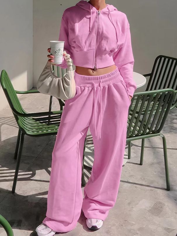 Fleece-Lined Hooded Zip-Up Tracksuit Set – Cropped Jacket & Elastic Waist Wide-Leg Pants (Athleisure, Polyester Thermal, Streetwear Unisex Fit)_ecoleips.com