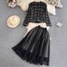 Women's Clothing Tweed Two-Piece Set - Single-Breasted Jacket & High-Waisted A-Line Skirt (Black, S-XXL)_ecoleips.com