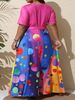 Plus Size Casual Dress For Women; Fashionable Printed Color-Blocked Dress; Short Sleeve Round Neck Fitted Waist Tie Pocket Casual Vacation Dress_ecoleips.com