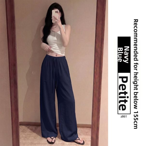Women's Navy Blue Wide Leg Linen-Blend Trousers - Summer Thin Relaxed Straight Narrow Cut Trousers With Drapery, Old Money Aesthetic_ecoleips.com