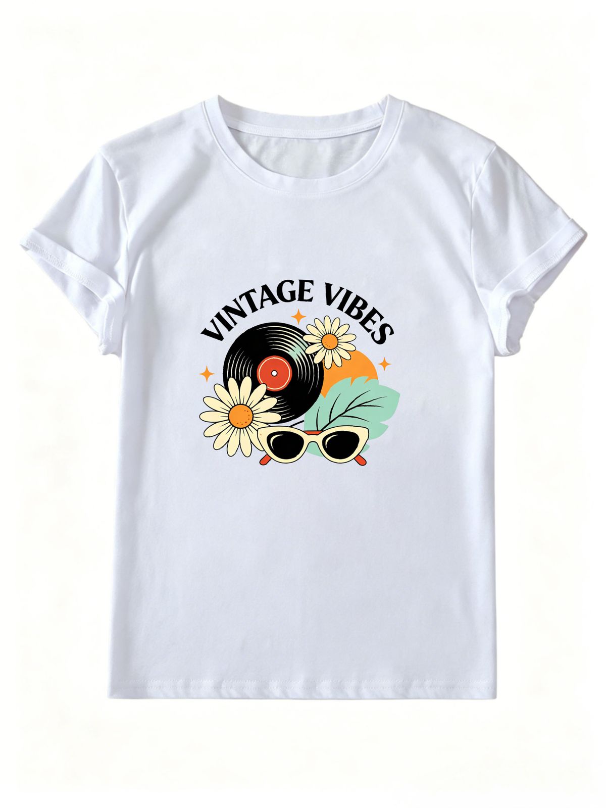Women Crew Neck Short Sleeve T Shirt Vintage Vibes Vinyl Record Daisy Sunglasses Graphic Tee 70s Retro Hippie Loose Casual Summer Streetwear Tops_ecoleips.com