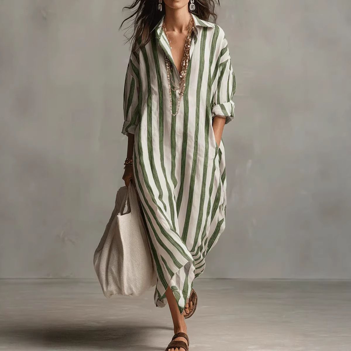 Women's Loose Fit V-Neck Long Striped Shirt Dress With 3/4 Sleeve For Summer Casual Wear Soft & Breathable Fabric_ecoleips.com