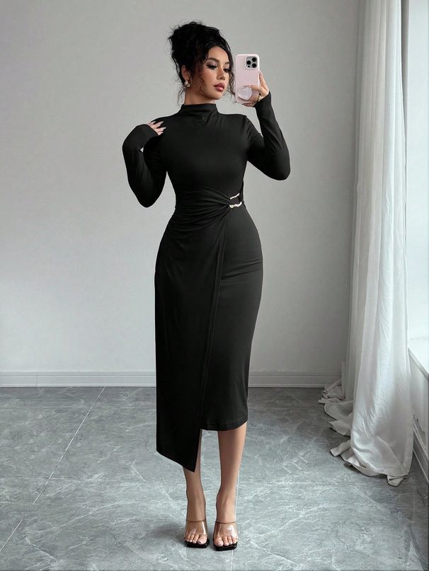 Spring New Arrival Women's Stand Collar Knitted Dress Solid Color Slim Fit Metal Button Style_ecoleips.com