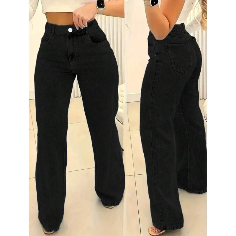 Plus-Size High-Waisted Straight Leg Jeans – Workwear Essential In Washed Black & Blue (S-5XL)_ecoleips.com