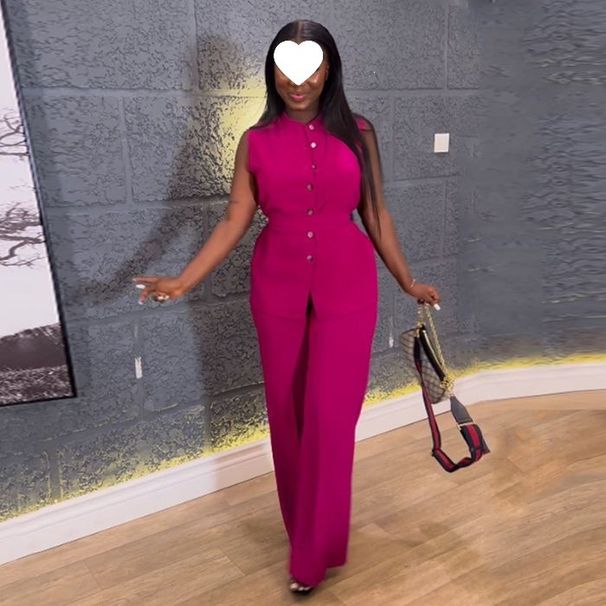 New Stylish Rose Red Suit Set: Stand-up Collar, Single-breasted Sleeveless Vest And Wide-leg Pants Two-piece Set_ecoleips.com