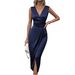 Women's Clothing Elegant V-Neck Satin Slit Dress – Stretch Fit Party Midi Dress (Navy Blue, S-XL)_ecoleips.com