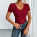 European And American 2025 Spring And Summer New Women's Solid Color Sexy Lace V Neck Short Sleeved Lace Bottoming Shirt_ecoleips.com