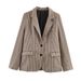 "Women's Slim Fit Plaid Blazer Jacket For Autumn - Office Commute & Casual Wear - Loose Fit Comfort - Trendy Checkered Pattern - Brown/Black/Grey"_ecoleips.com