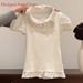 Korean Sweet Top Quality Style White Polka Dot Faux Two-Piece Puff Sleeve T-Shirt For Women, Summer Turn-Down Collar, Patchwork Doll_ecoleips.com