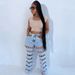 Light Blue Cutout Flare Jeans For Women, High Waist Hollow Denim Trousers For Party Night Out_ecoleips.com