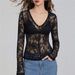 Women's Sexy Sheer Lace Long Sleeve V-Neck Pullover Blouse Top for Casual Wear_ecoleips.com