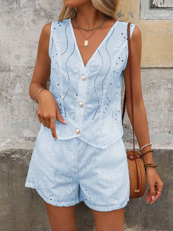 Women's Clothing Solid Color Casual V Neck Vest Button Shorts Suit For Women_ecoleips.com