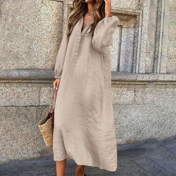 Versatile Spring And Autumn Versatile Loose Plus-Size Flesh-Covering Mid-Length Dress, Cotton-Linen Comfortable Long-Sle_ecoleips.com