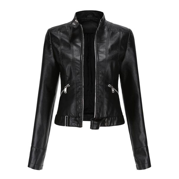 New-style leather jacket women's short jacket spring and autumn vertical collar women's leather jacket cross-border thin-style leather jacket_ecoleips.com