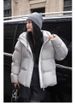 "Women's Cropped Puffer Jacket With Hood - 55% White Duck Down Coat, Oversized Sleeve Logo Design For Casual & Couple Styling_ecoleips.com