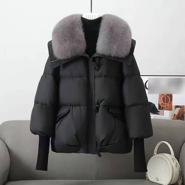 Women's Short Puffer Jacket Winter Coat – Thickened Polyester Wadding, Slim Fit, Polo Collar (Black/Coffee)_ecoleips.com